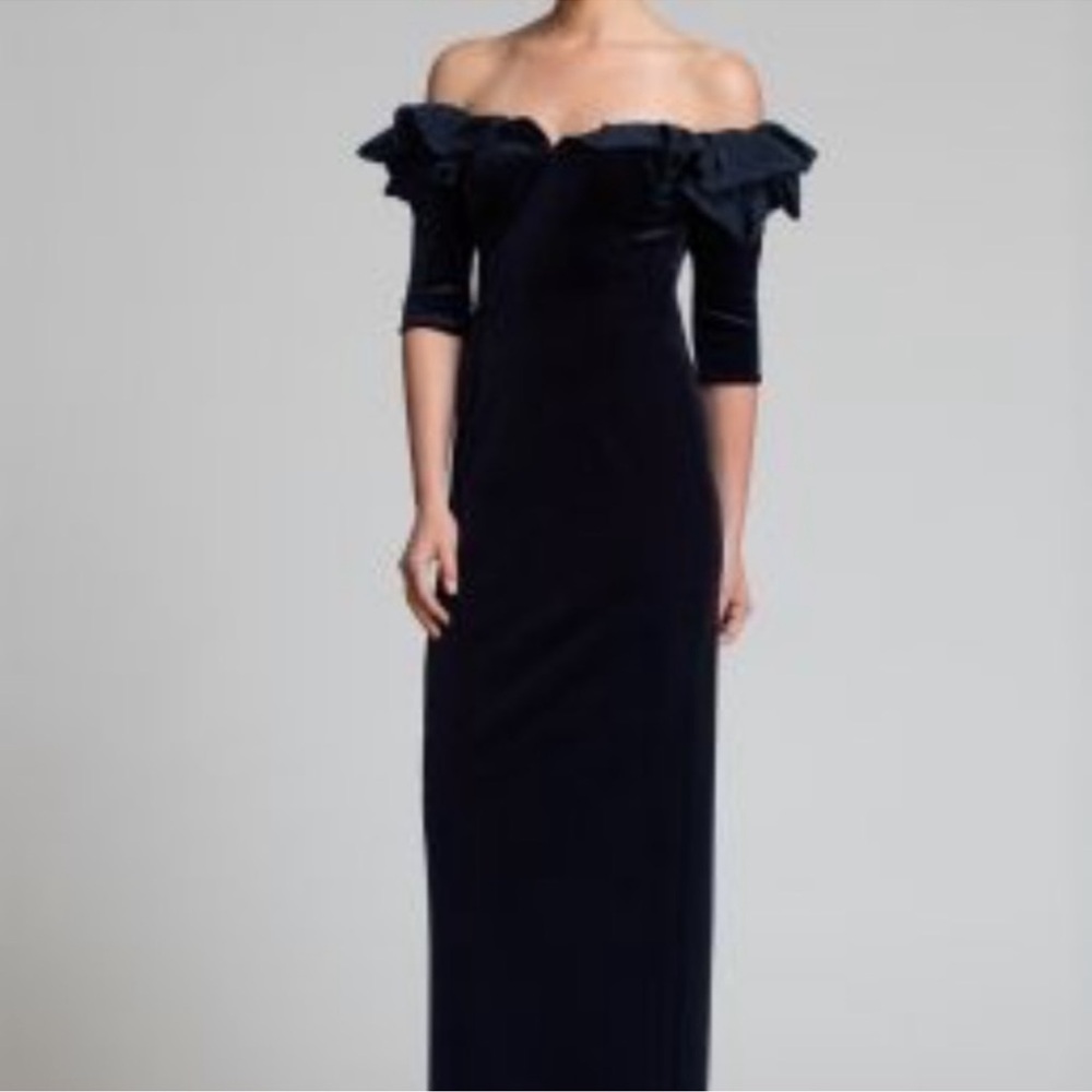 Ricki freeman for Teri Jon Off-Shoulder Taffeta Ruffle Velvet Gown